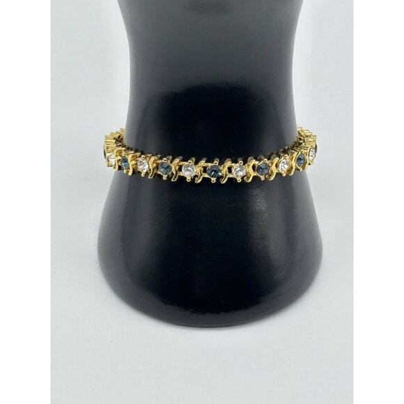 Vintage Gold Tone Metal and Faux Sapphire Faux Diamond Tennis Style Bracelet 80s - Picture 4 of 13
